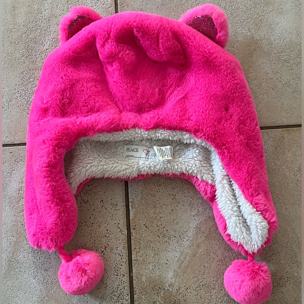The Children's Place Girls Hot Pink Glitter Cat Plush & Warm Hat Size 8+